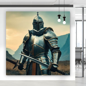Aluminiumbild gebürstet Ritter majestätisch mit zwei Schwertern Quadrat