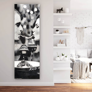 Poster Romantisches Abendessen Paar teilt Spaghetti Panorama Hoch