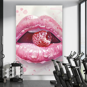 Leinwandbild Rosa Lippen mit Früchten Hochformat