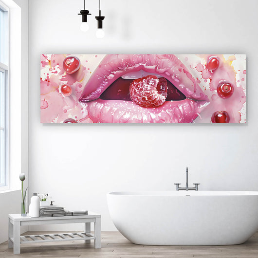 Leinwandbild Rosa Lippen mit Früchten Panorama