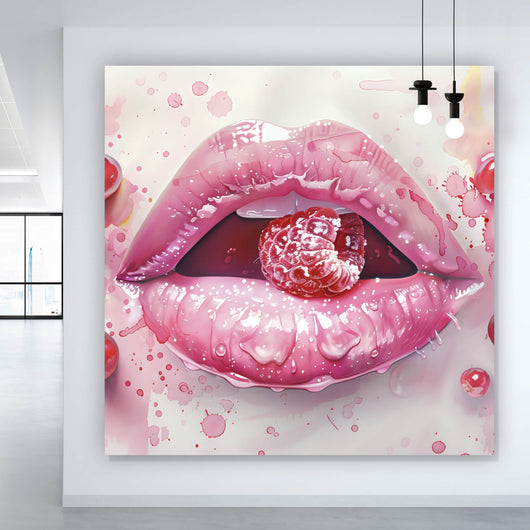 Aluminiumbild Rosa Lippen mit Früchten Quadrat