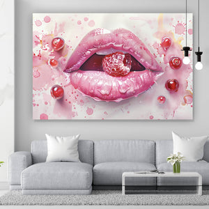 Leinwandbild Rosa Lippen mit Früchten Querformat