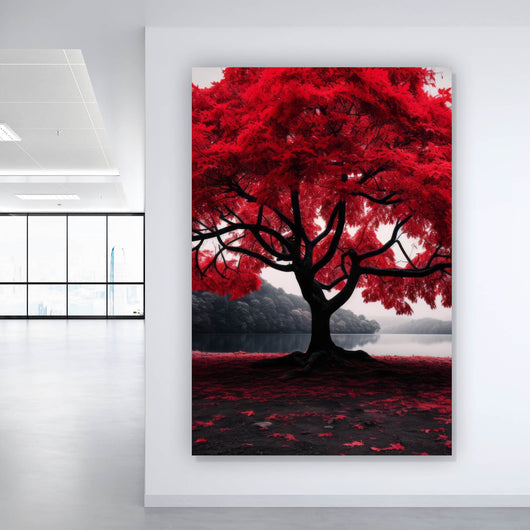 Poster Roter Baum an mystischem See Hochformat