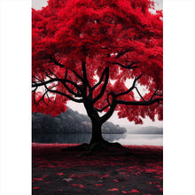 Lade das Bild in den Galerie-Viewer, Leinwandbild Roter Baum an mystischem See Hochformat
