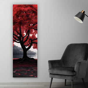 Poster Roter Baum an mystischem See Panorama Hoch