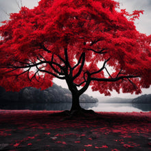 Lade das Bild in den Galerie-Viewer, Leinwandbild Roter Baum an mystischem See Quadrat
