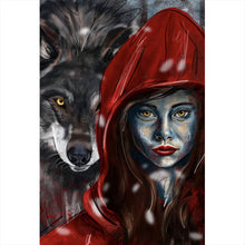 Lade das Bild in den Galerie-Viewer, Leinwandbild Rotkäppchen und der Wolf mystisch Hochformat
