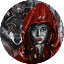 Lade das Bild in den Galerie-Viewer, Aluminiumbild gebürstet Rotkäppchen und der Wolf mystisch Kreis

