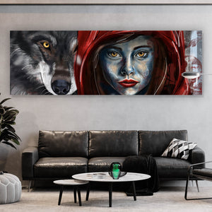 Aluminiumbild Rotkäppchen und der Wolf mystisch Panorama