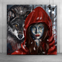 Lade das Bild in den Galerie-Viewer, Aluminiumbild gebürstet Rotkäppchen und der Wolf mystisch Quadrat
