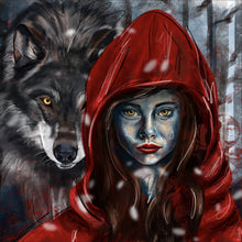 Lade das Bild in den Galerie-Viewer, Aluminiumbild Rotkäppchen und der Wolf mystisch Quadrat
