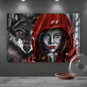Acrylglasbild Rotkäppchen und der Wolf mystisch Querformat