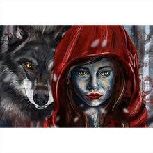 Lade das Bild in den Galerie-Viewer, Leinwandbild Rotkäppchen und der Wolf mystisch Querformat
