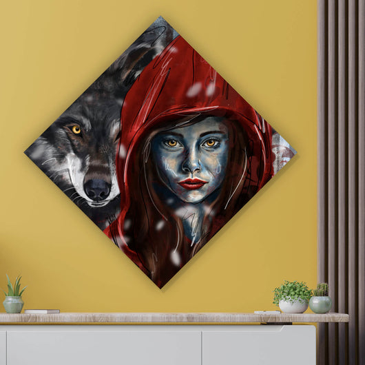 Acrylglasbild Rotkäppchen und der Wolf mystisch Raute