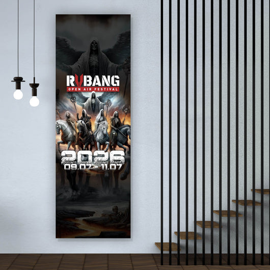 Spannrahmenbild RVBANG 2026 Logo mit Reiter und Datum Panorama Hoch