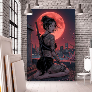 Spannrahmenbild Samurai Frau bei Vollmond Hochformat