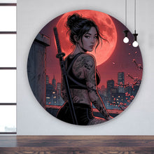 Lade das Bild in den Galerie-Viewer, Aluminiumbild Samurai Frau bei Vollmond Kreis
