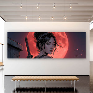 Leinwandbild Samurai Frau bei Vollmond Panorama