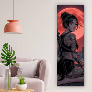 Acrylglasbild Samurai Frau bei Vollmond Panorama Hoch