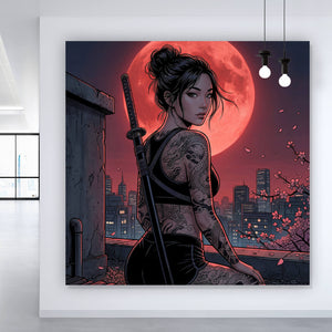 Spannrahmenbild Samurai Frau bei Vollmond Quadrat