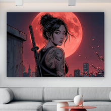 Lade das Bild in den Galerie-Viewer, Spannrahmenbild Samurai Frau bei Vollmond Querformat
