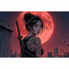 Lade das Bild in den Galerie-Viewer, Aluminiumbild gebürstet Samurai Frau bei Vollmond Querformat
