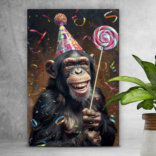 Acrylglasbild Schimpanse feiert mit Lutscher und Partyhut Hochformat