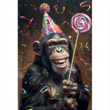 Lade das Bild in den Galerie-Viewer, Aluminiumbild Schimpanse feiert mit Lutscher und Partyhut Hochformat
