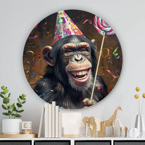 Aluminiumbild Schimpanse feiert mit Lutscher und Partyhut Kreis