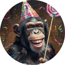 Lade das Bild in den Galerie-Viewer, Aluminiumbild gebürstet Schimpanse feiert mit Lutscher und Partyhut Kreis
