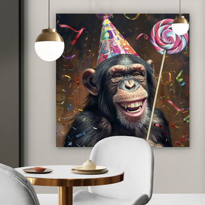 Leinwandbild Schimpanse feiert mit Lutscher und Partyhut Quadrat