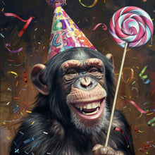 Lade das Bild in den Galerie-Viewer, Aluminiumbild gebürstet Schimpanse feiert mit Lutscher und Partyhut Quadrat
