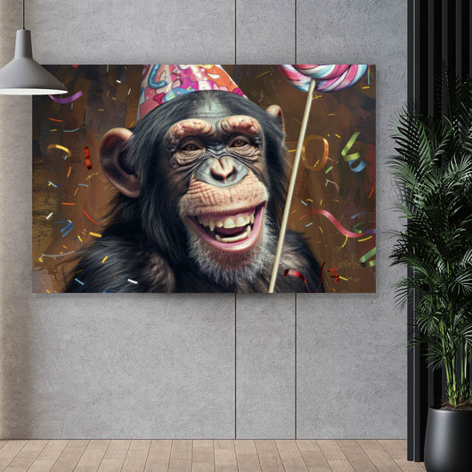 Leinwandbild Schimpanse feiert mit Lutscher und Partyhut Querformat