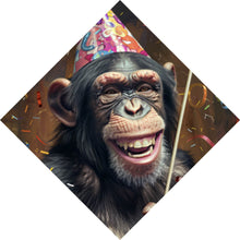 Lade das Bild in den Galerie-Viewer, Aluminiumbild gebürstet Schimpanse feiert mit Lutscher und Partyhut Raute
