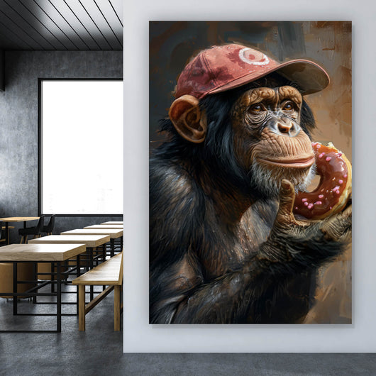Spannrahmenbild Schimpanse genießt Donat Hochformat