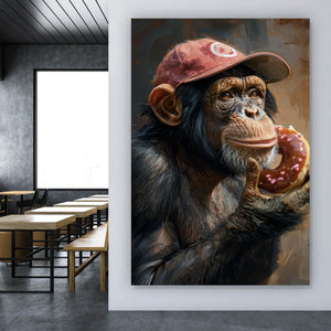 Acrylglasbild Schimpanse genießt Donat Hochformat