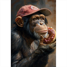 Lade das Bild in den Galerie-Viewer, Aluminiumbild Schimpanse genießt Donat Hochformat
