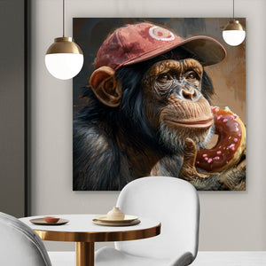Acrylglasbild Schimpanse genießt Donat Quadrat