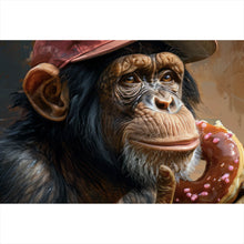 Lade das Bild in den Galerie-Viewer, Leinwandbild Schimpanse genießt Donat Querformat
