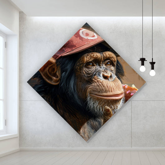 Acrylglasbild Schimpanse genießt Donat Raute