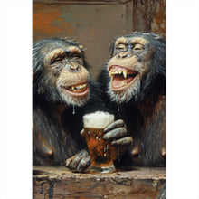Lade das Bild in den Galerie-Viewer, Aluminiumbild gebürstet Schimpansen feiern gesellig mit Bier Hochformat
