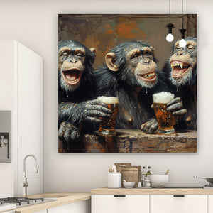 Aluminiumbild Schimpansen feiern gesellig mit Bier Quadrat