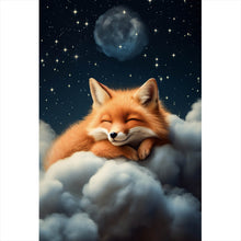 Lade das Bild in den Galerie-Viewer, Spannrahmenbild Schlafender Fuchs auf Wolken unter funkelndem Sternenhimmel Hochformat
