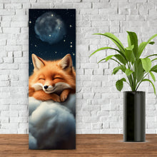 Lade das Bild in den Galerie-Viewer, Aluminiumbild gebürstet Schlafender Fuchs auf Wolken unter funkelndem Sternenhimmel Panorama Hoch
