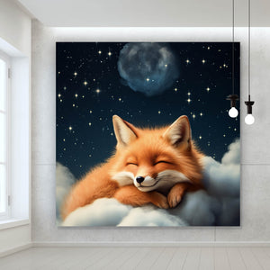 Leinwandbild Schlafender Fuchs auf Wolken unter funkelndem Sternenhimmel Quadrat