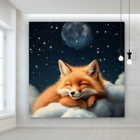 Spannrahmenbild Schlafender Fuchs auf Wolken unter funkelndem Sternenhimmel Quadrat