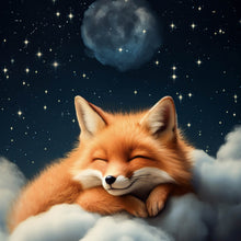 Lade das Bild in den Galerie-Viewer, Spannrahmenbild Schlafender Fuchs auf Wolken unter funkelndem Sternenhimmel Quadrat
