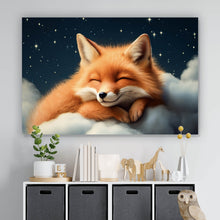 Lade das Bild in den Galerie-Viewer, Spannrahmenbild Schlafender Fuchs auf Wolken unter funkelndem Sternenhimmel Querformat
