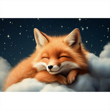 Lade das Bild in den Galerie-Viewer, Spannrahmenbild Schlafender Fuchs auf Wolken unter funkelndem Sternenhimmel Querformat
