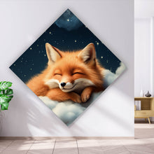Lade das Bild in den Galerie-Viewer, Aluminiumbild Schlafender Fuchs auf Wolken unter funkelndem Sternenhimmel Raute
